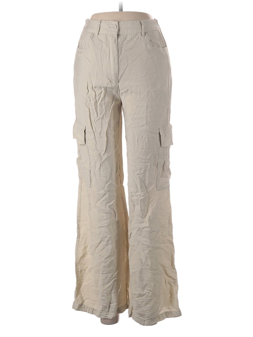 Happily Grey Beige Linen Blend Cargo Wide Leg Pants Womens Khaki Neutral | Small